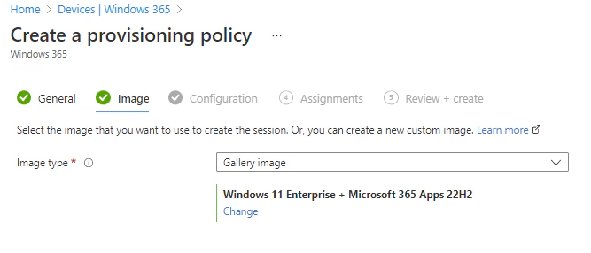 Provisioning policy - Image settings