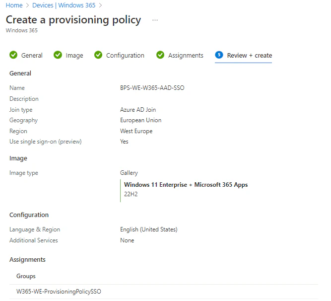Provisioning policy - Review + create