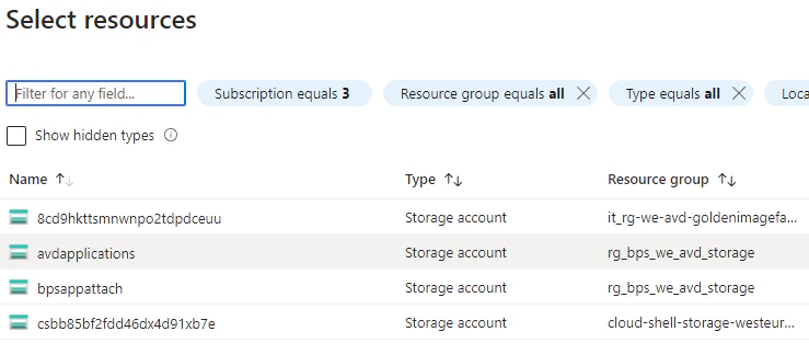 Adding App attach package - Selecting Storage account