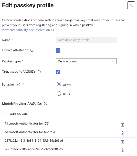 Edit passkey profile pane for the Default passkey profile with Enforce attestation ticked, Passkey types set to Device-bound, Target specific AAGUIDs ticked, Behavior set to Allow, and AAGUIDs for Microsoft Authenticator for iOS, Microsoft Authenticator for Android and two more GUIDs