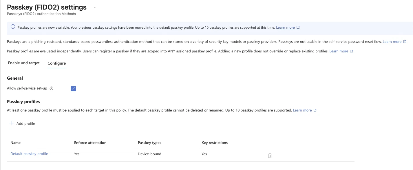 Passkey FIDO2 configure tab in the Entra admin center listing the passkey profiles
