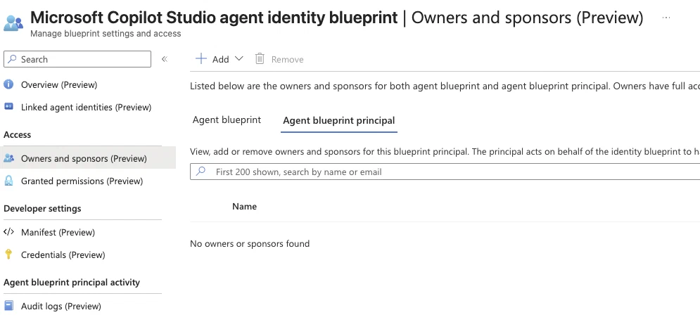Owners and sponsors page of the Microsoft Copilot Studio agent identity blueprint, Agent blueprint principal tab, showing no owners or sponsors