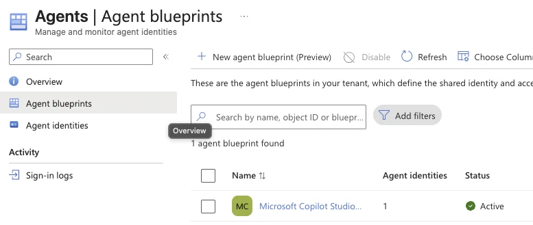 Agent blueprints list in the Microsoft Entra admin center with agent identity count and status columns