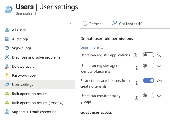 Entra ID user settings with Users can register agent identity blueprints set to No